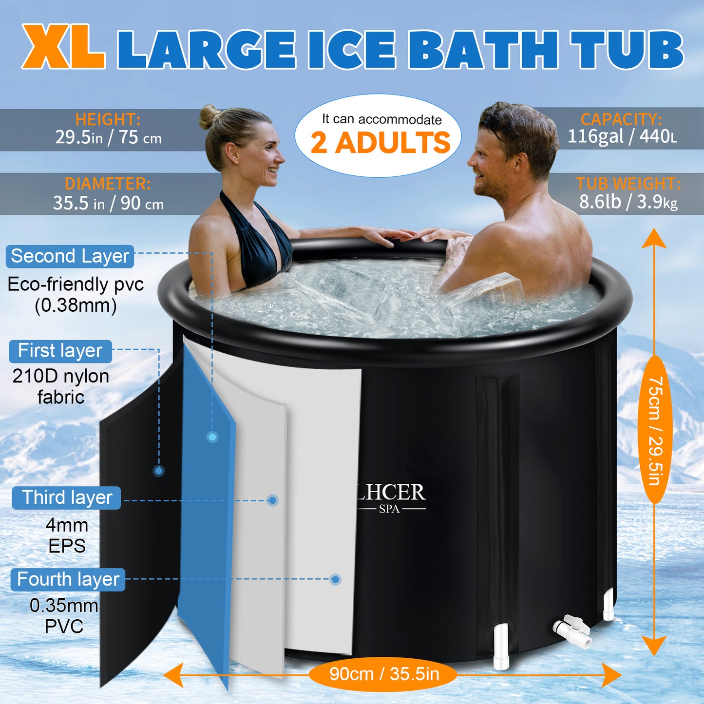The LHCER Ice Bath Tub for Athletes XL: 116 Gallons Cold Plunge Tub with Cover for Athlete Recovery