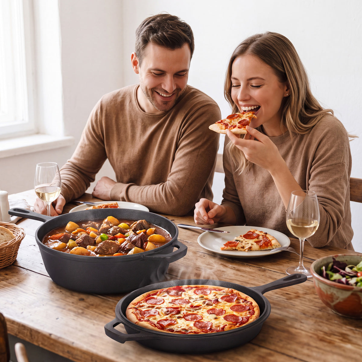 2-in-1 Cast Iron Dutch Oven Pot, with Skillet & Lid, 3QT Deep Pot + 1.5QT Frying Pan, Versatile for Oven, Stove, Grill, Campfire