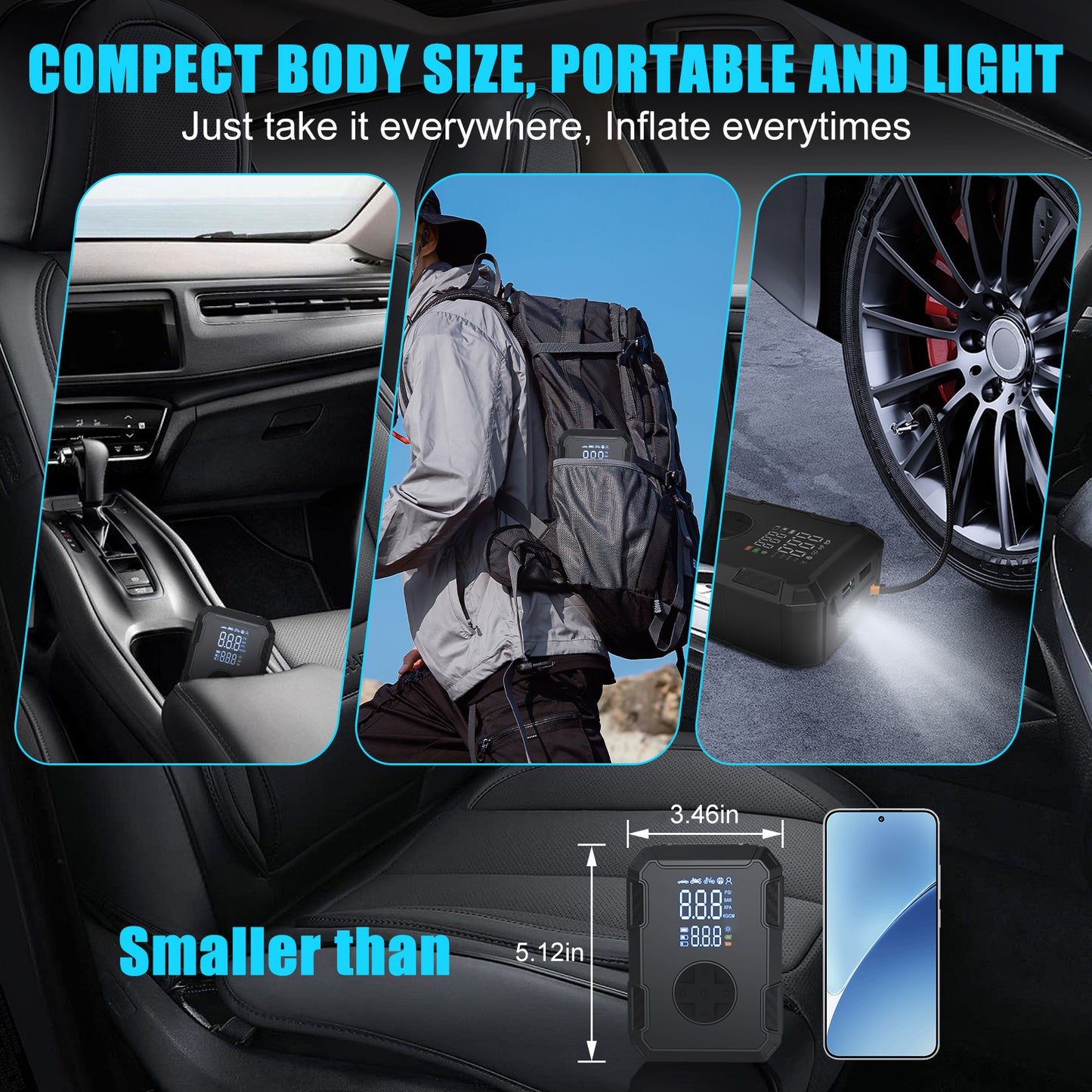 Cordless Air Compressor Tire Inflator,4X Faster 150PSI 5 Inflation Modes 20000mAh Auto-Shutoff with LED Digital Pressure,Rechargeable Tire Pump for Car Tires,Bikes,Balls,Motorcycles