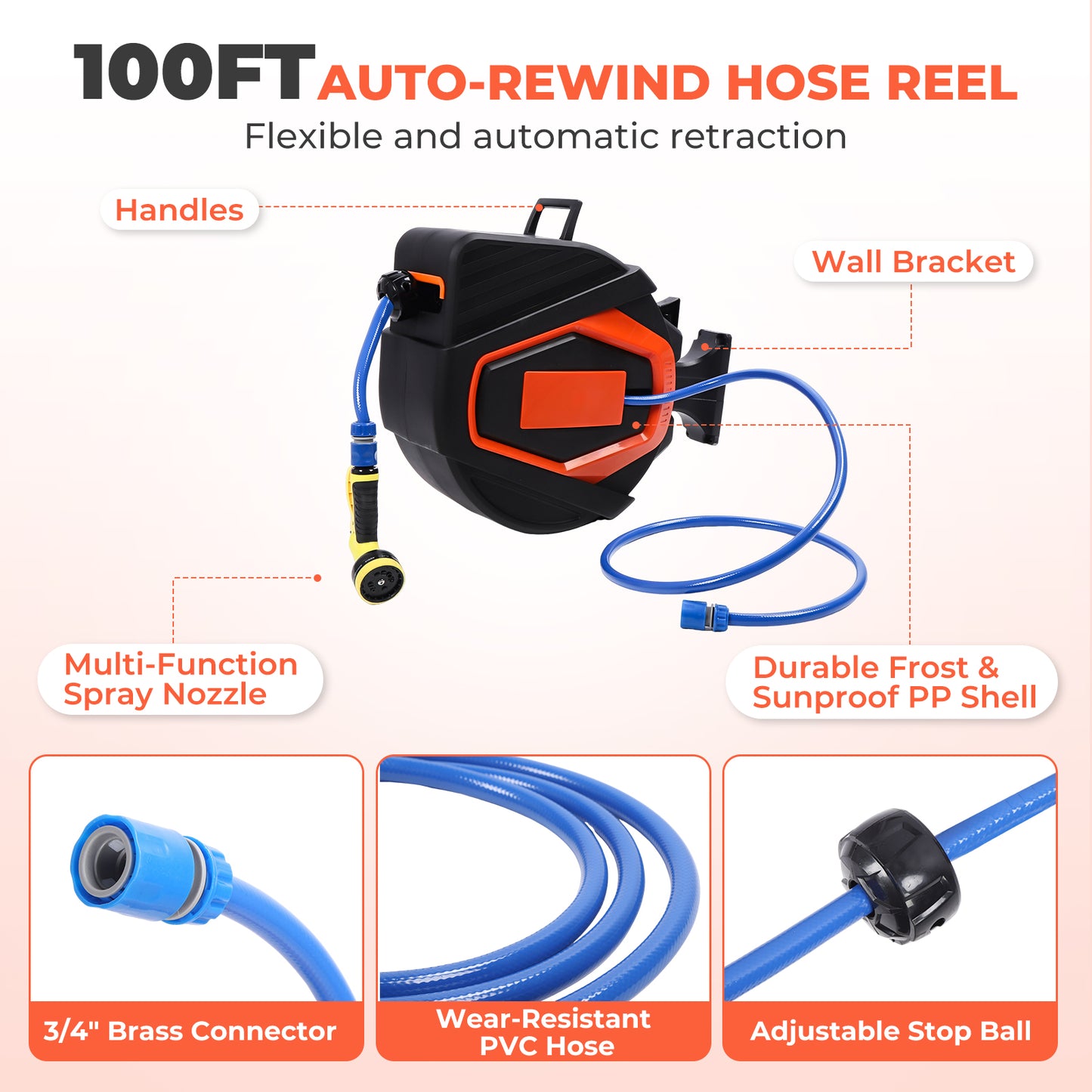 Retractable Garden Hose Reel 5/8 In X 100 Ft Automatic Wall Mounted Water Hose with 10 Pattern Nozzle Any Length Lock Slow Retraction 180° Swivel