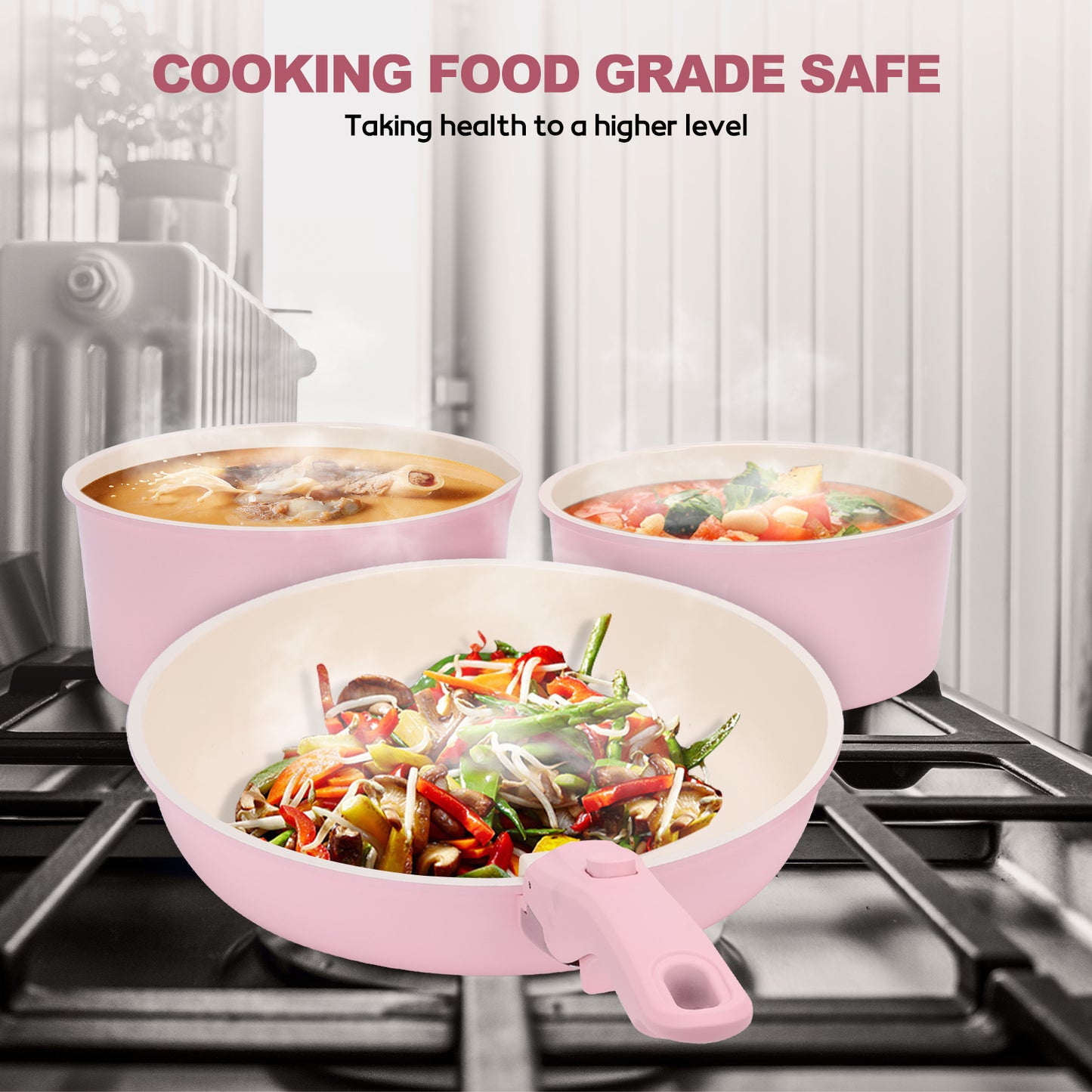 17 Piece Ceramic Pots and Pans Set, Nonstick Cookware Set with Detachable Handles, Oven Safe to 480°F, Induction Compatible, Stackable RV Kitchen Cooking Set, Pink