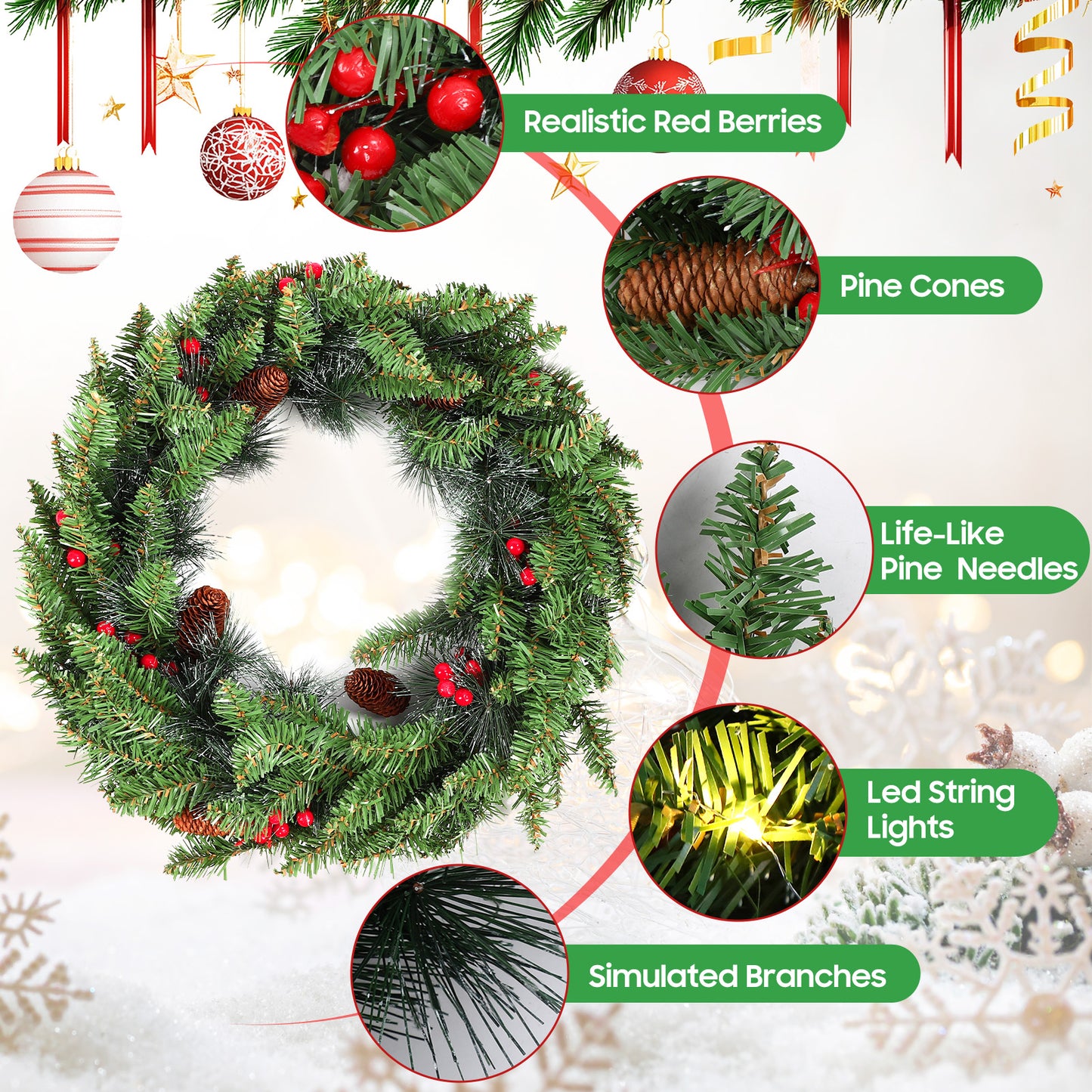 24 Inch Pre-Lit Artificial Christmas Wreath, Green, Crestwood Spruce, White Lights, Decorated with Pine Cones, Berry Clusters, Frosted Branches, Christmas Collection