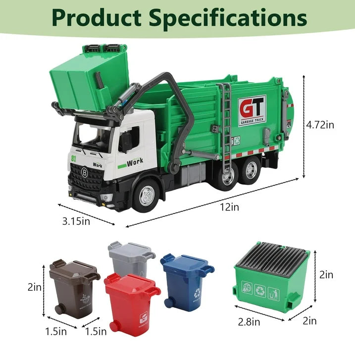 Garbage Truck Toys Set Includes Dumpster, 4 Trash Bins and Learning Cards for Kids, Large Friction Powered Trash Truck Toy with Light and Sounds, Boy Toys Birthday Gift for Boys Girls Toddler
