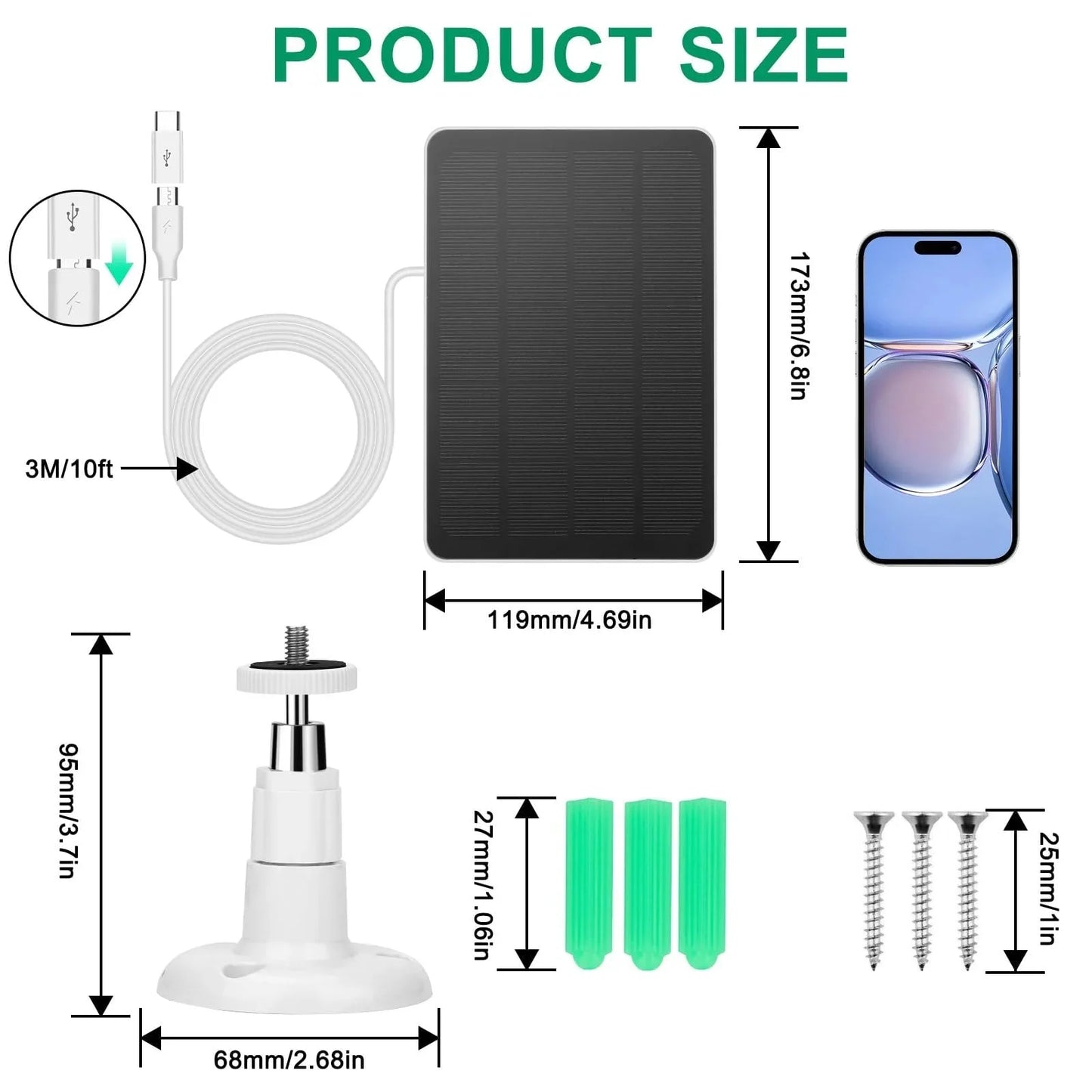 3W Solar Panel for Security Camera, 5V USB Solar Panel Charger with 9.8ft Cable Micro USB & Type C Port, Compatible with Rechargeable Battery Powered Cam, IP65 Waterproof, 360° Adjustable Bracket