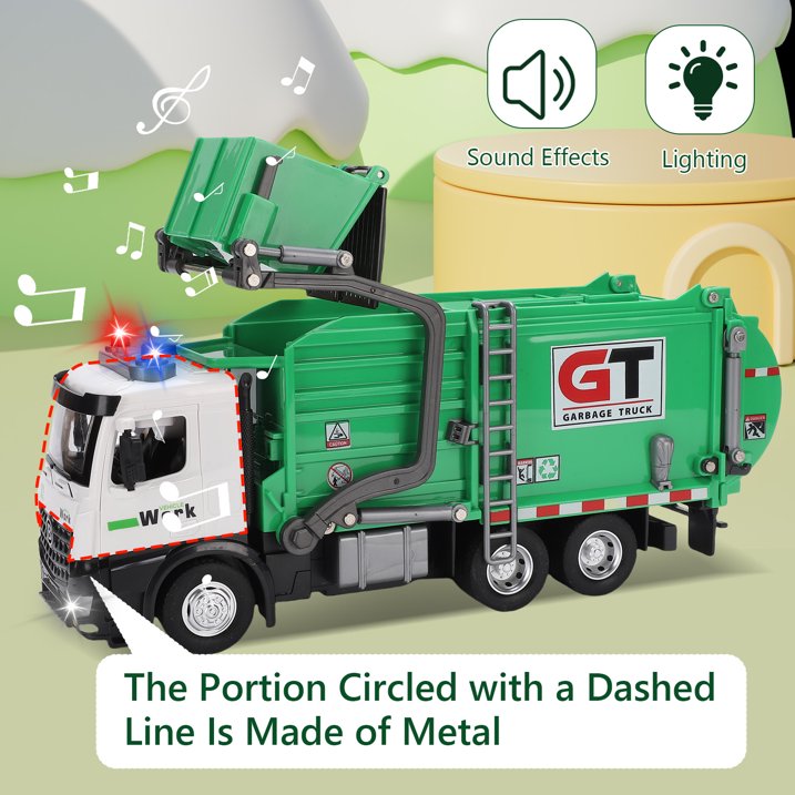 Garbage Truck Toys Set Includes Dumpster, 4 Trash Bins and Learning Cards for Kids, Large Friction Powered Trash Truck Toy with Light and Sounds, Boy Toys Birthday Gift for Boys Girls Toddler