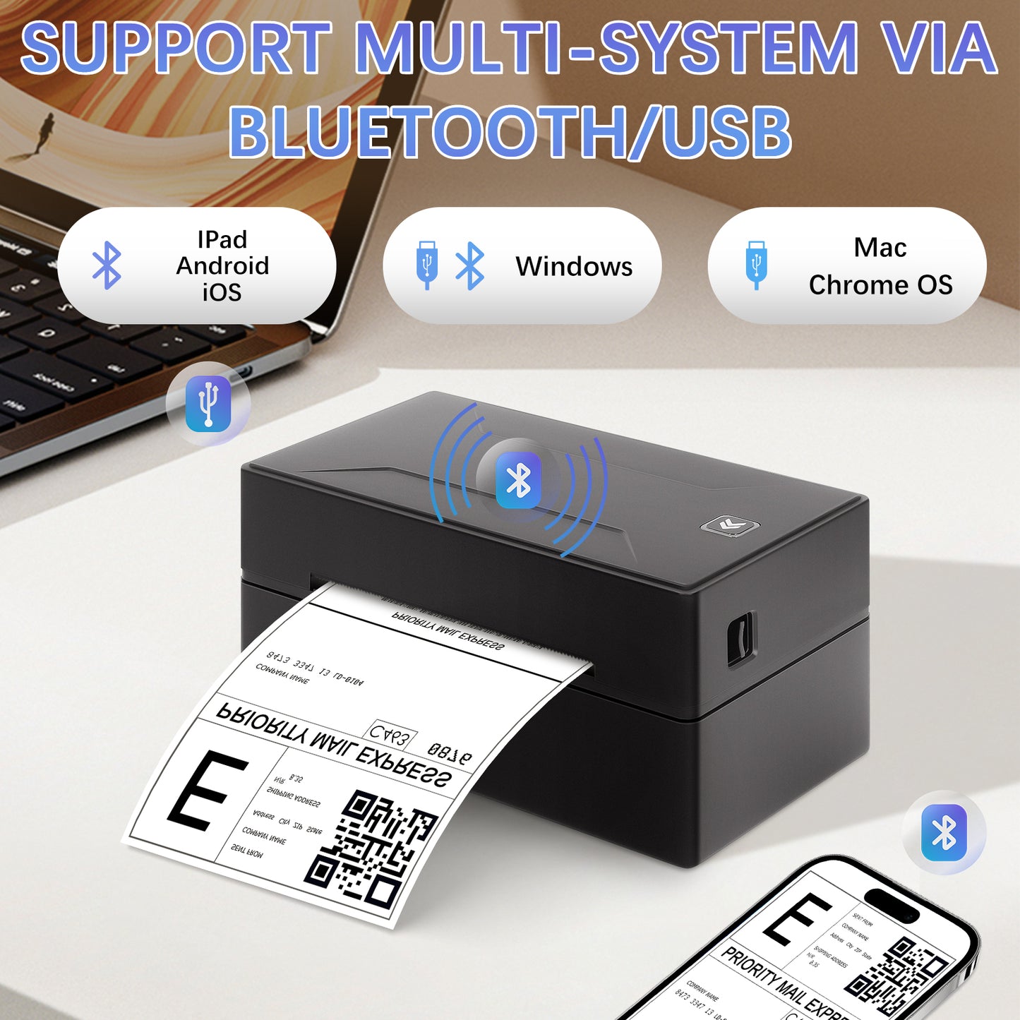 Bluetooth Thermal Printer, Wireless 4x6 Shipping Label Printer for Shipping Package and Small Business Compatible Windows, Mac, iOS, Android, Labels Maker Thermal Label Printer