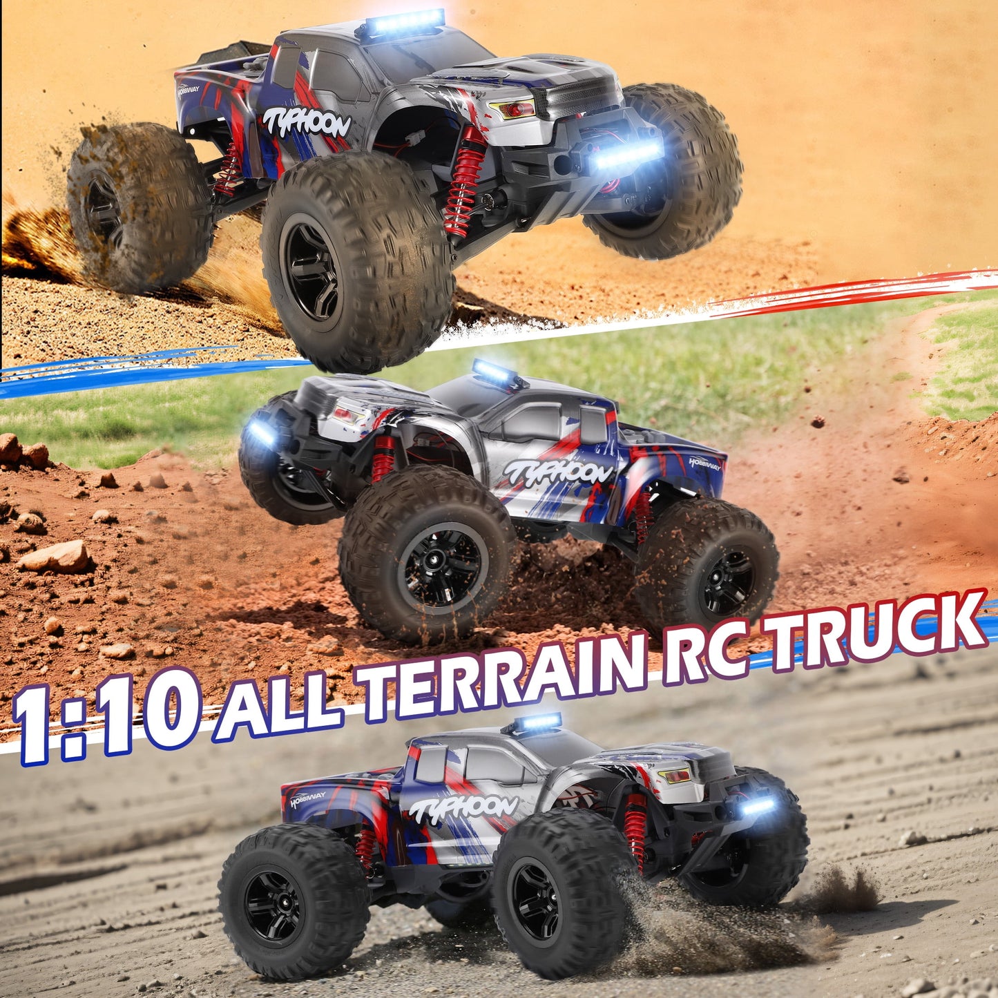 1:10 RC Car Truck for Adults Kids 60KM/H High Speed Fast Off-Road RC Trucks 4WD All Terrain Remote Control Monster Truck Boys Girls RC Car Toys, 2 Batteries