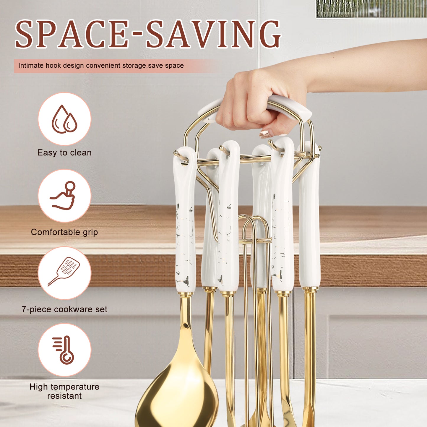 LHCER 7-Piece Kitchen Cookware Set with Ceramic Handled Holder - Includes Slotted Spoon, Slotted Spatula, Large Spoon, Soup Ladle, Spatula, Pasta Spoon(White)