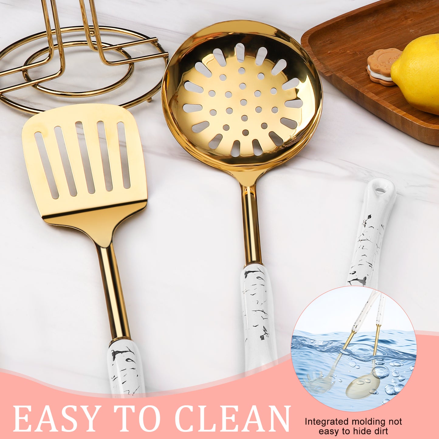 LHCER 7-Piece Kitchen Cookware Set with Ceramic Handled Holder - Includes Slotted Spoon, Slotted Spatula, Large Spoon, Soup Ladle, Spatula, Pasta Spoon(White)