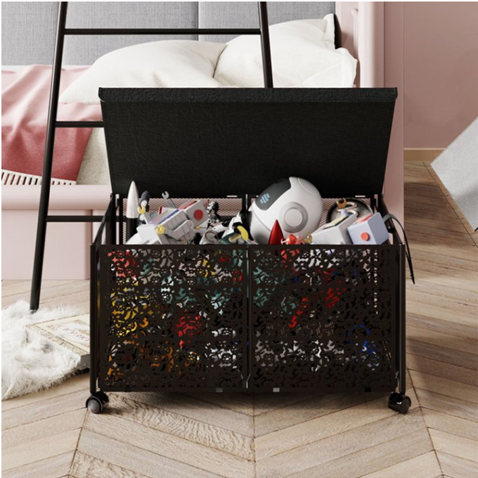 Toy Box Storage, Foldable Metal Kids Toy Chest with Flip-Top Lid and Wheels for Bedroom Nursery Playroom,Black