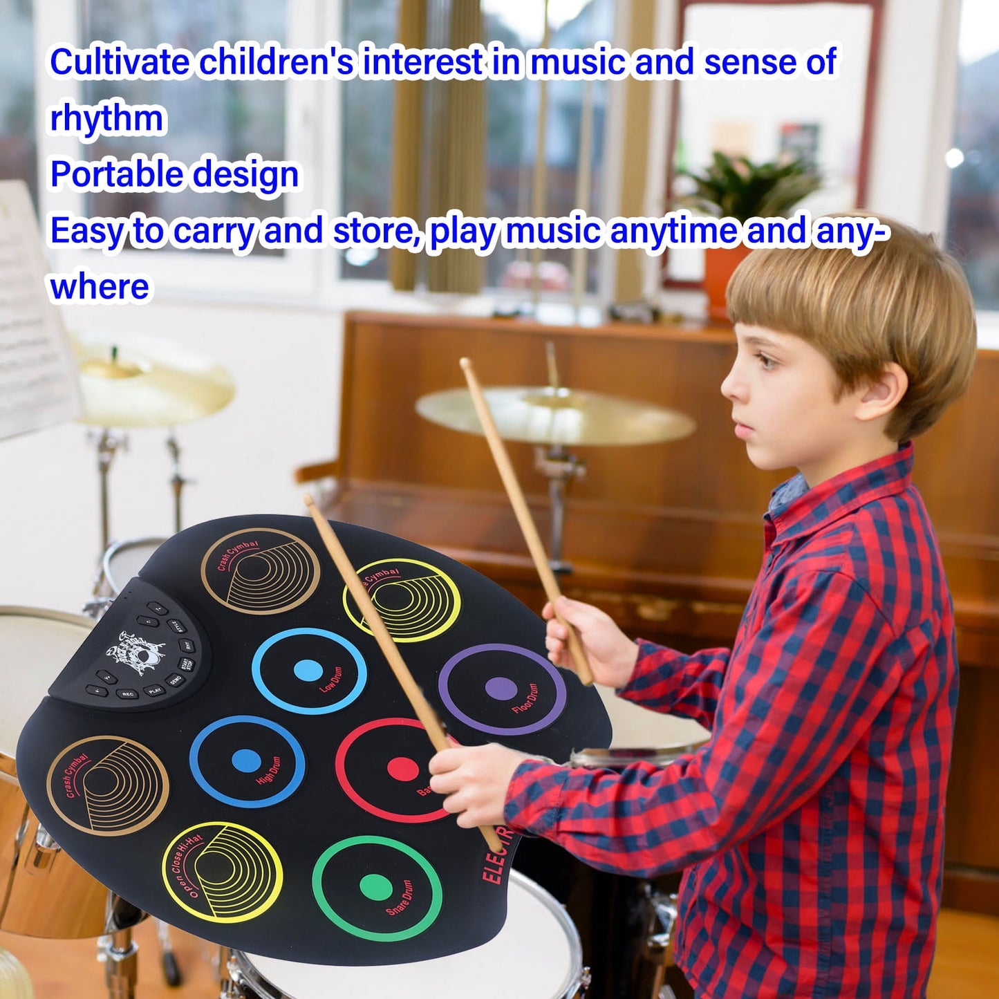 Electronic Drum Set for Kids 9-Pads Roll-Up Electric Drum Set Kit with Drumsticks Pedals, 8 Demo 10 Rhythums, Headphone Support, 3.5mm Audio Jack