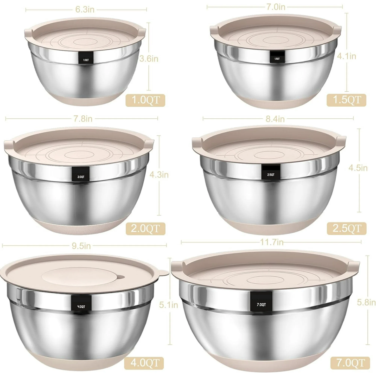 Mixing Bowls with Lids, 32 Piece Stainless Steel Bowls Set, 3 Grater Attachments & Black Non-Slip Bottoms Size 7, 4, 3.5, 2.5, 2, 1.5QT, Great For Mixing & Serving, Khaki