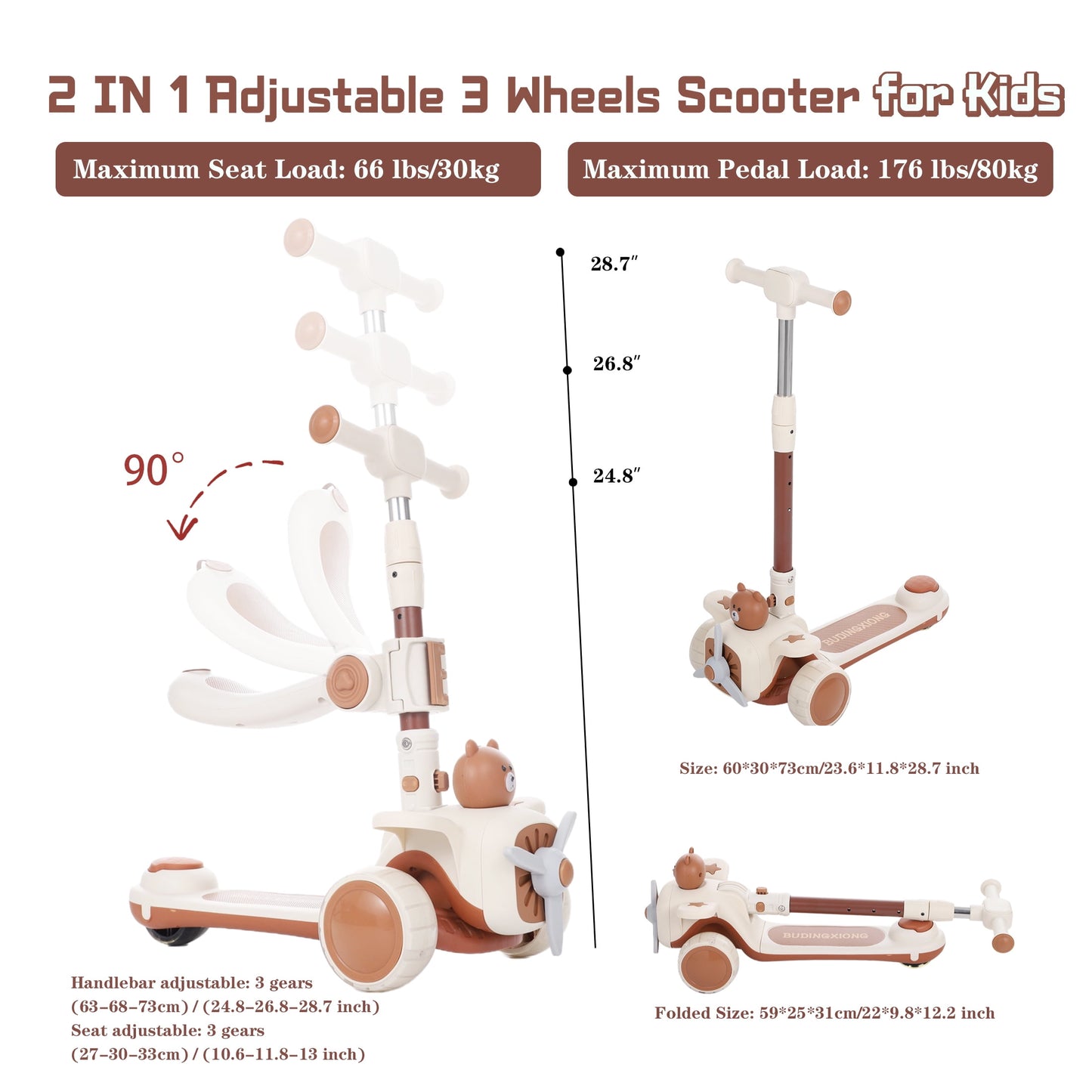 Kids Scooter 3-Wheel Light-up Folding Height Adjustable Kick Scooter for Boys Girls Ages 1-5, Sit or Stand Ride Scooter for Kids Gifts