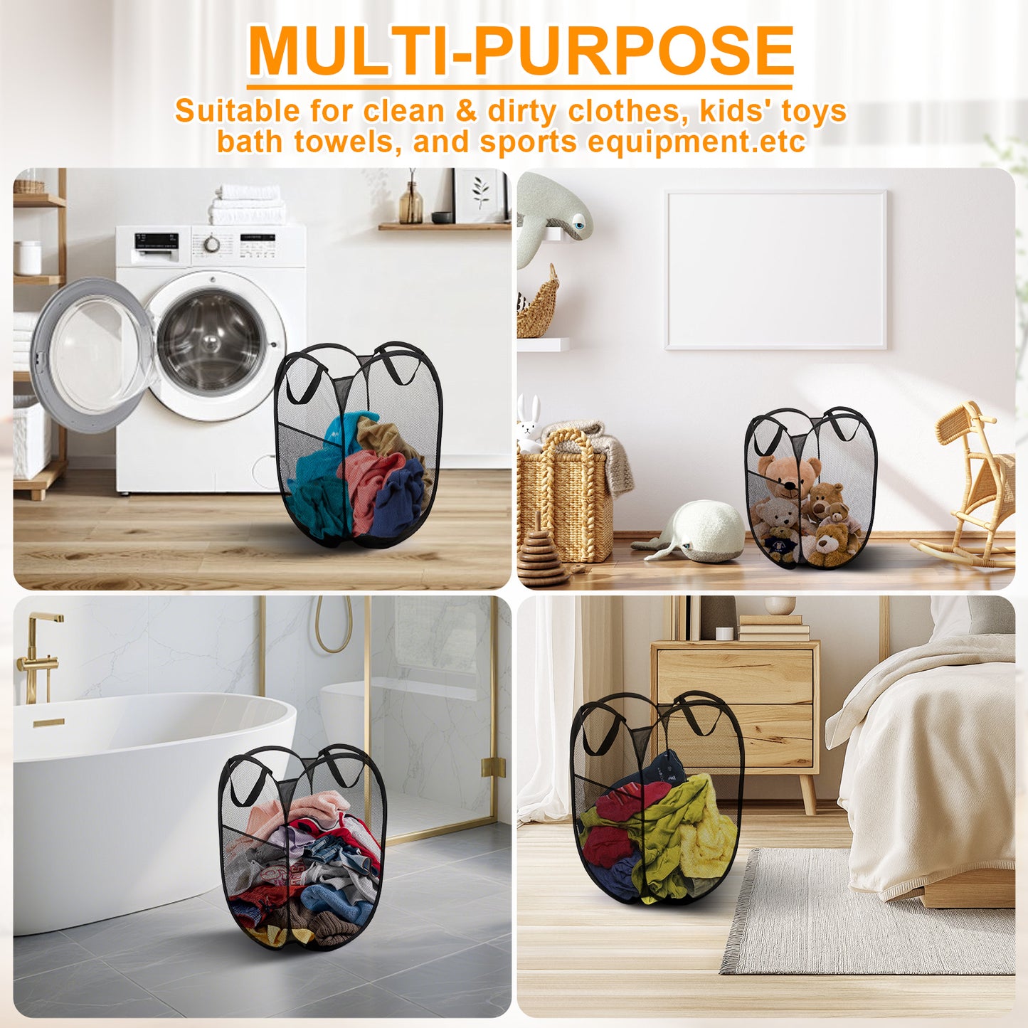 Collapsible Mesh Pop Up Laundry Hamper with Sturdy Handles - Portable Foldable Clothes Baskets for Dorm, Bathroom & Travel Storage (Black, 4 Packs)