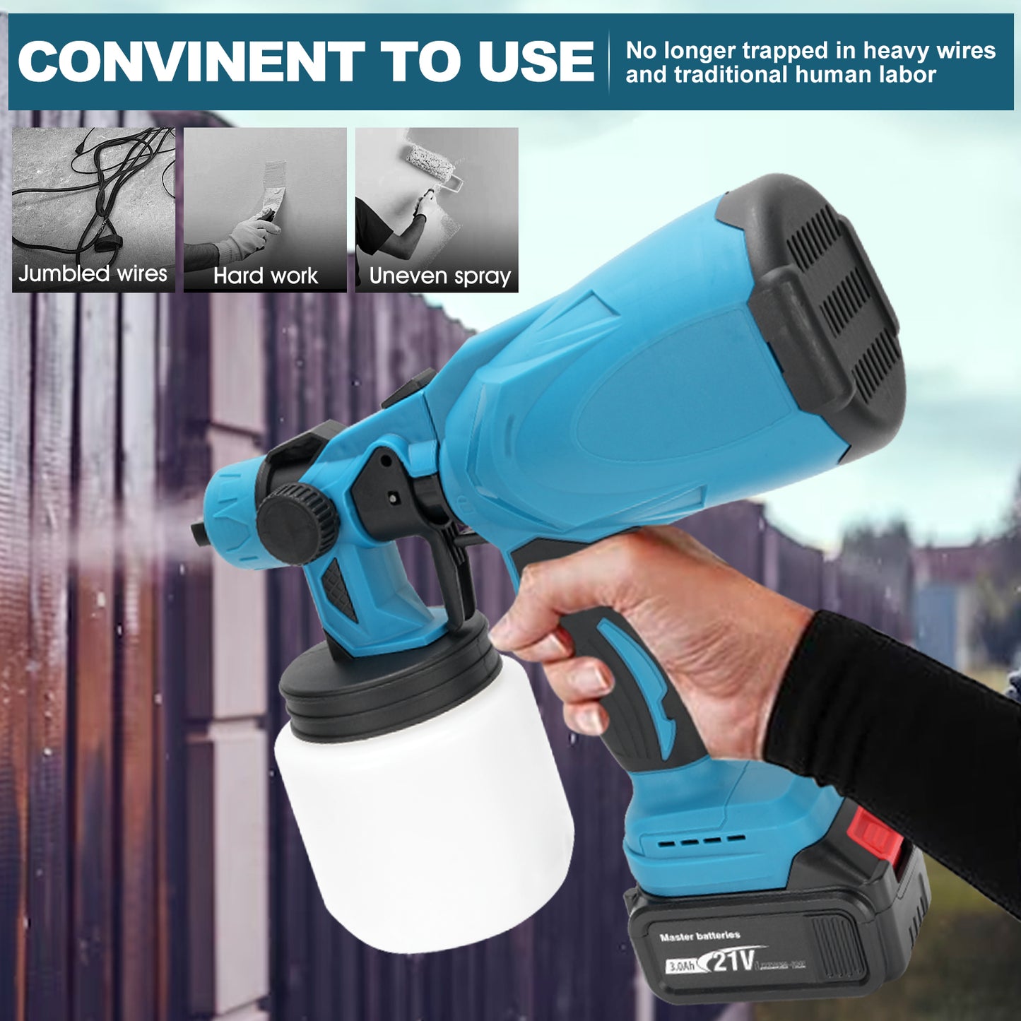 Cordless Paint Sprayer, 800W with 2 X 3000mAh 21V Batteries 3 Spray Modes, 800ML Container, HVLP Paint Sprayer Gun for House Painting Fence Cabinets Wall