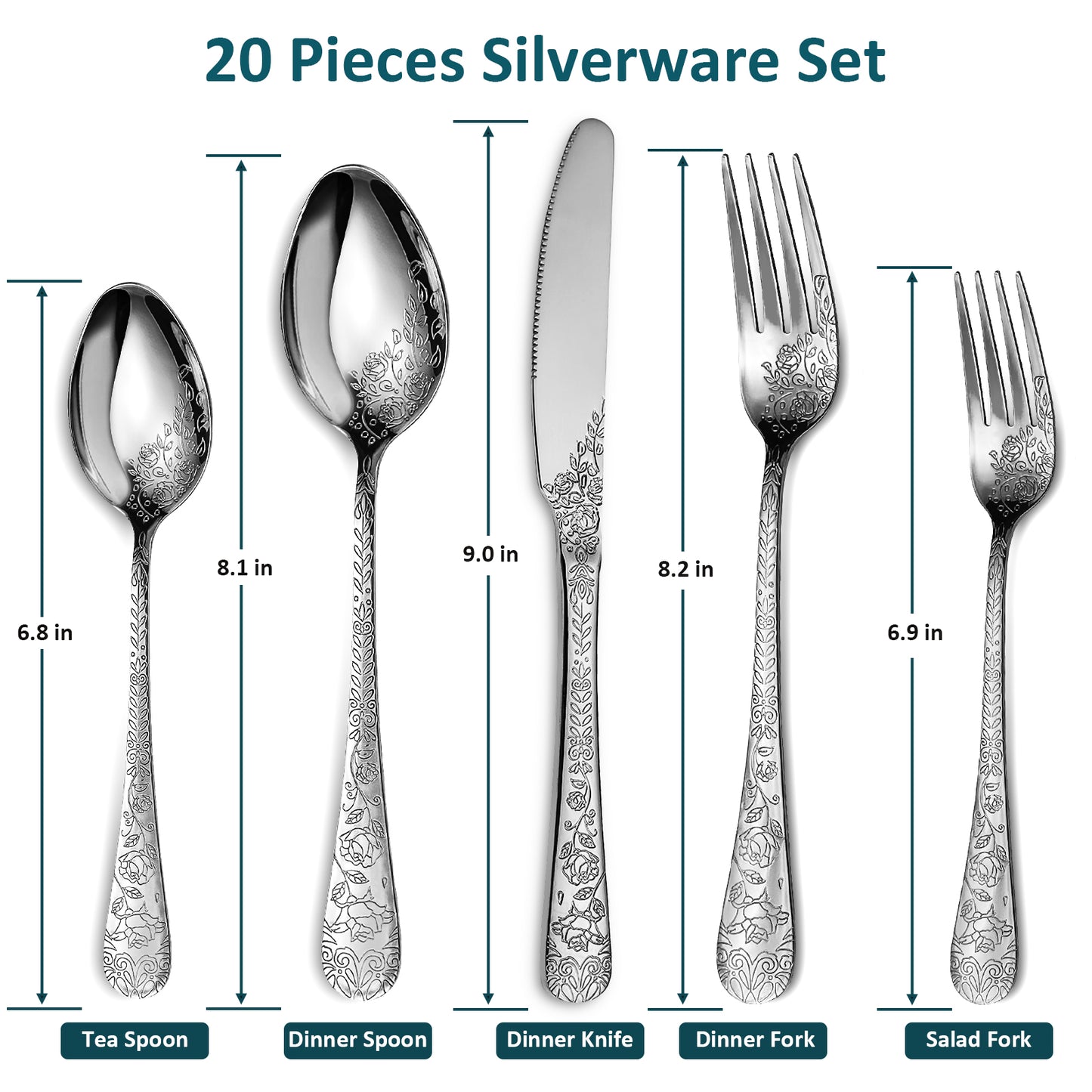 LHCER 20PCS Silverware Set Service for 4, Stainless Steel Titanium Silver Plating Flatware Set, Knives Forks Spoons Tea Forks Teaspoons Kits with Flower Pattern for Kitchen Restaurant Party Sliver