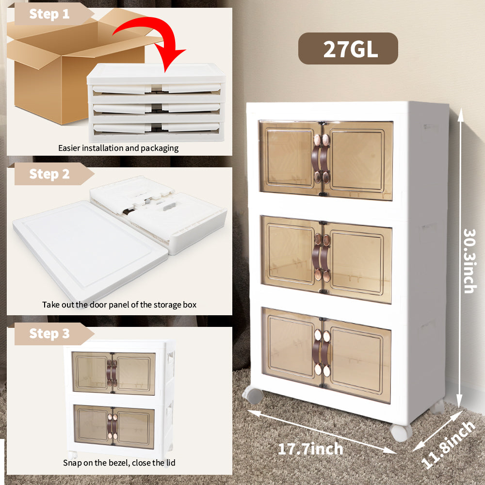 Fyydes 3 Pack Foldable Stackable Lidded Storage Box Containers with Lids and Wheels and Double Doors for Book Storage