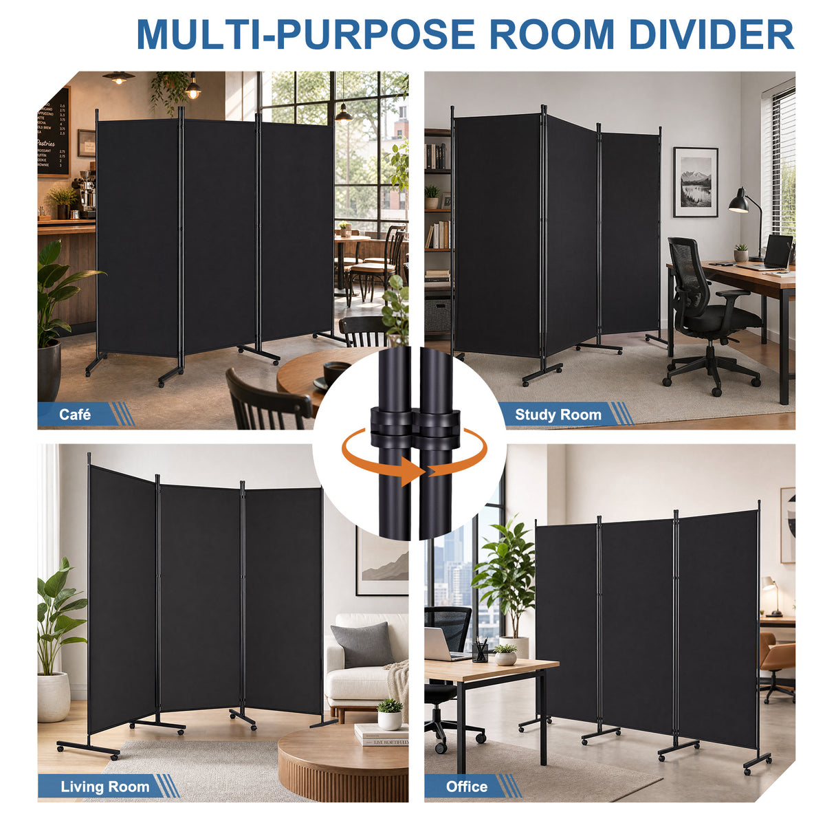 Rolling Room Dividers 5.9FT 3 Panel, Folding Privacy Screens with Lockable Wheels,102" W Portable Wall Divider Room Separation for Porch Living Room Dorm Studio Office, Black
