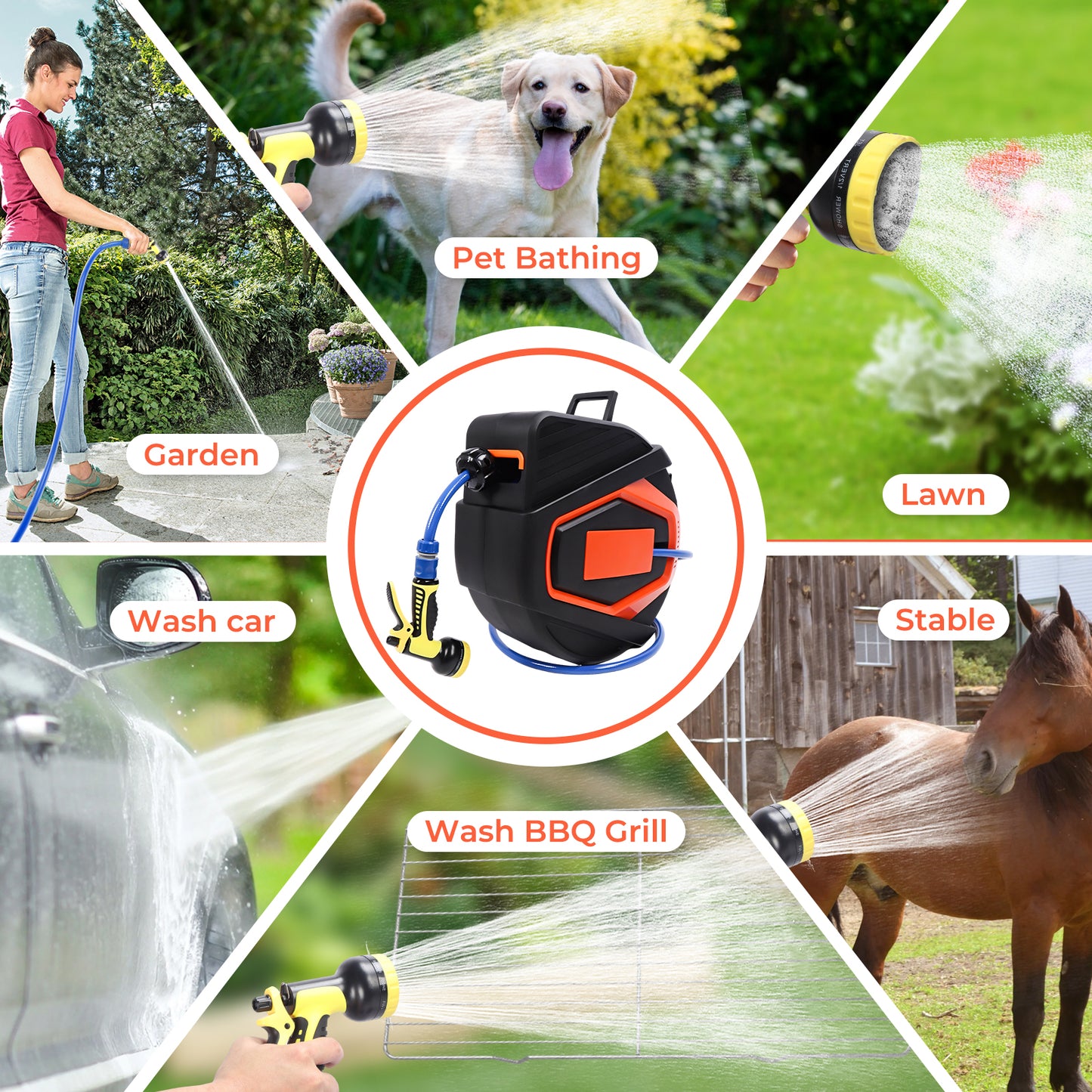 Retractable Garden Hose Reel 5/8 In X 100 Ft Automatic Wall Mounted Water Hose with 10 Pattern Nozzle Any Length Lock Slow Retraction 180° Swivel