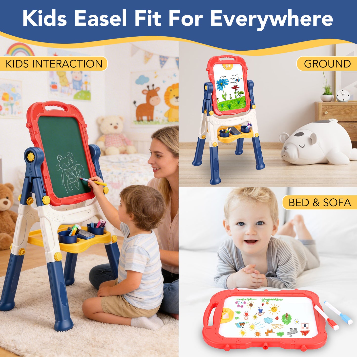 Art Easel for Kids, Adjustable Standing Rotatable Double Sided Easel with Painting Accessories for Toddlers Boys and Girls,Red
