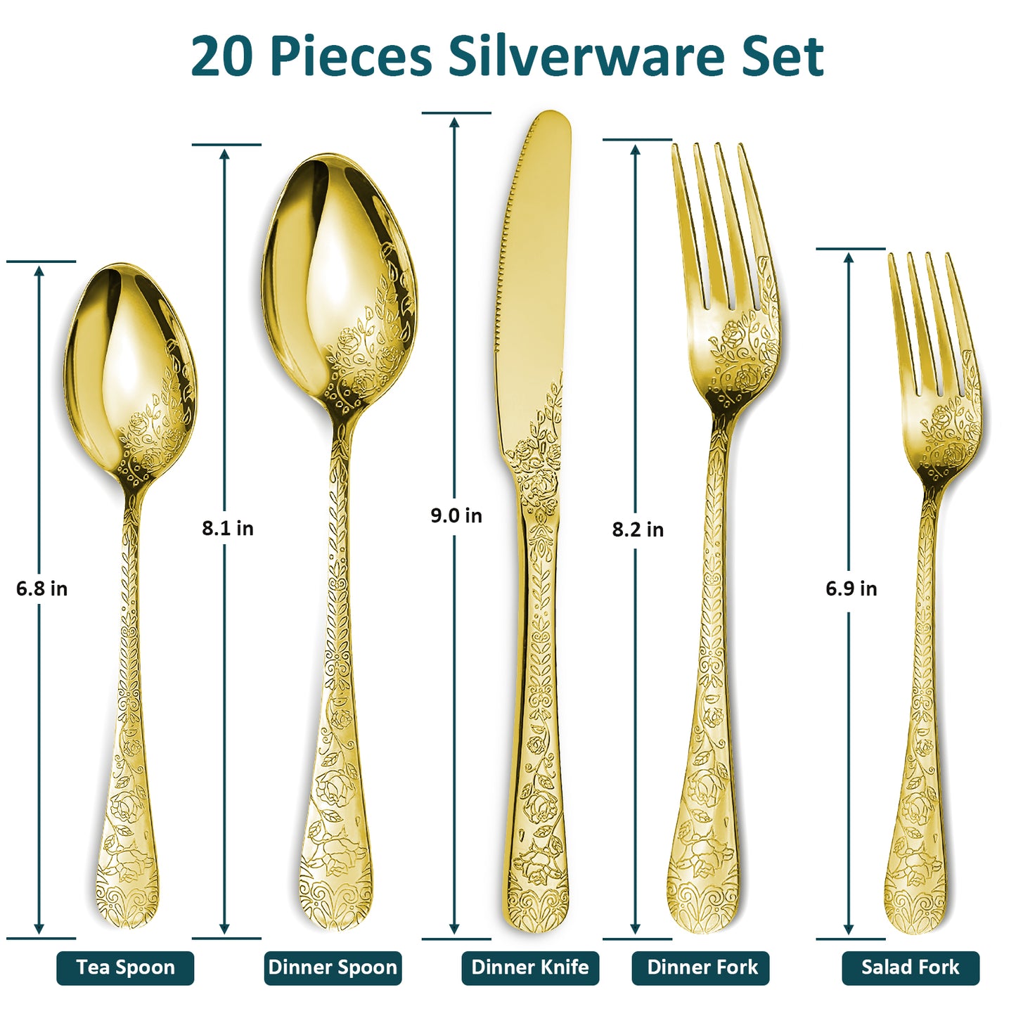 LHCER 20PCS Gold Silverware Set Service for 4, Stainless Steel Titanium Gold Plating Flatware Set, Knives Forks Spoons Tea Forks Teaspoons Kits with Flower Pattern for Kitchen Restaurant Party Gold