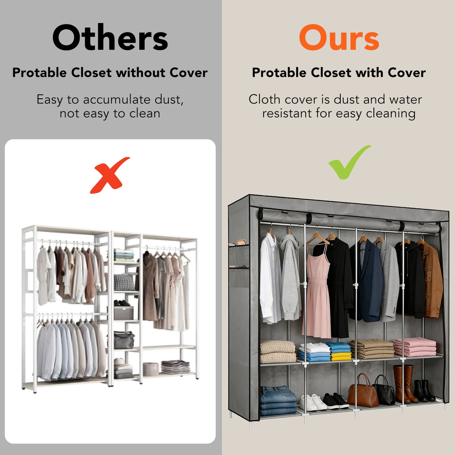 Portable Closet, 65" H Wardrobe Closet for Hanging Clothes 8 Storage Organizer Shelves with 4 Hanging Rods,Grey