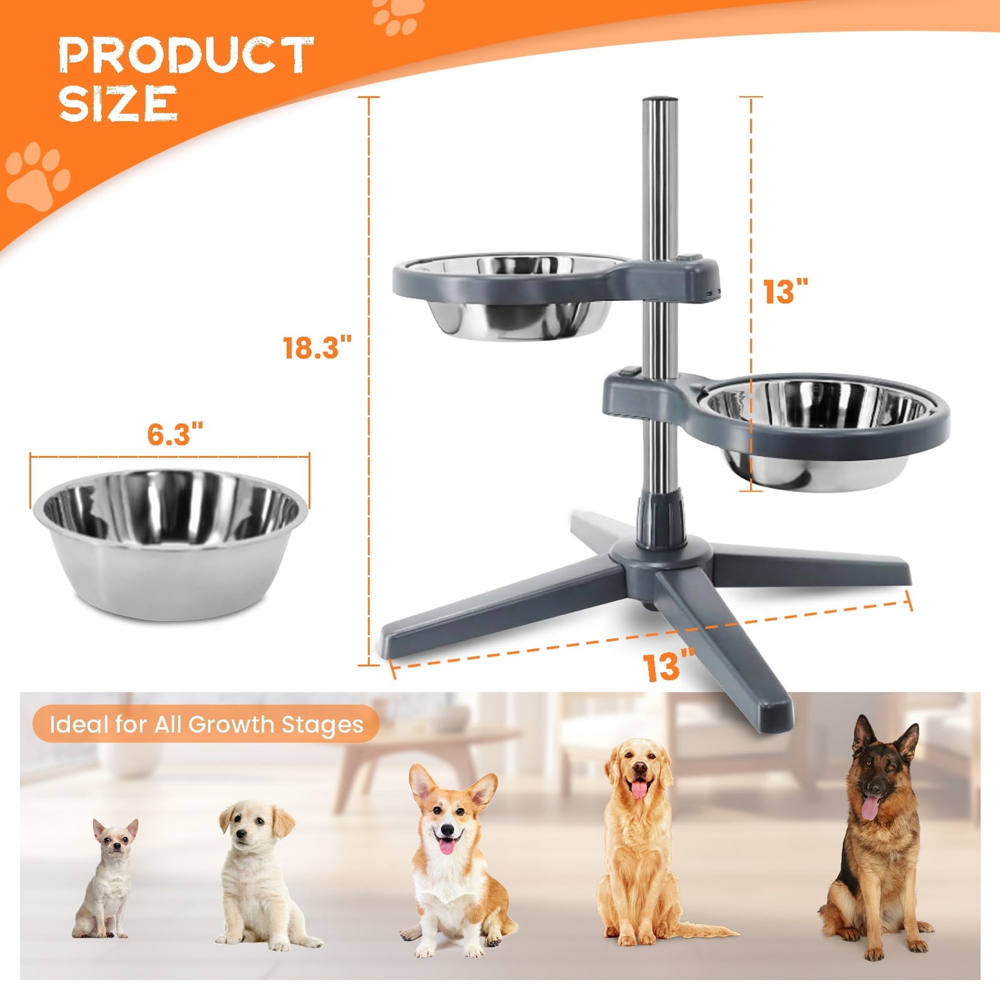 Mgaxyff Elevated Dog Bowls, Raised Dog Feeder Stand with 2 Stainless Steel Pet Food Bowls, Adjustable Height for Dogs and Cats, S