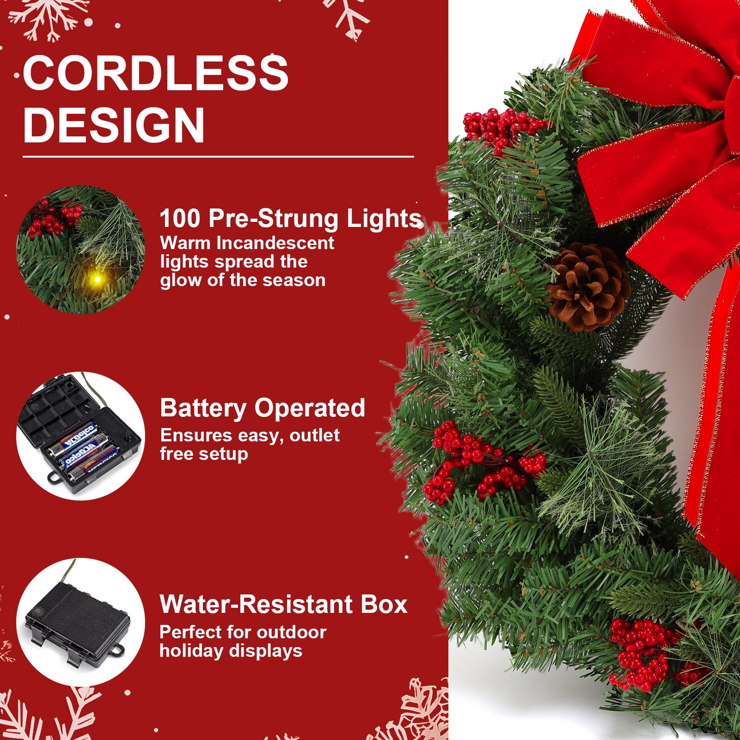 24in Pre-Lit Battery Powered Christmas Wreath Artificial Pre-Decorated Holiday Accent with 70 Lights, 96 PVC Tips, Ribbons, Pine Cones