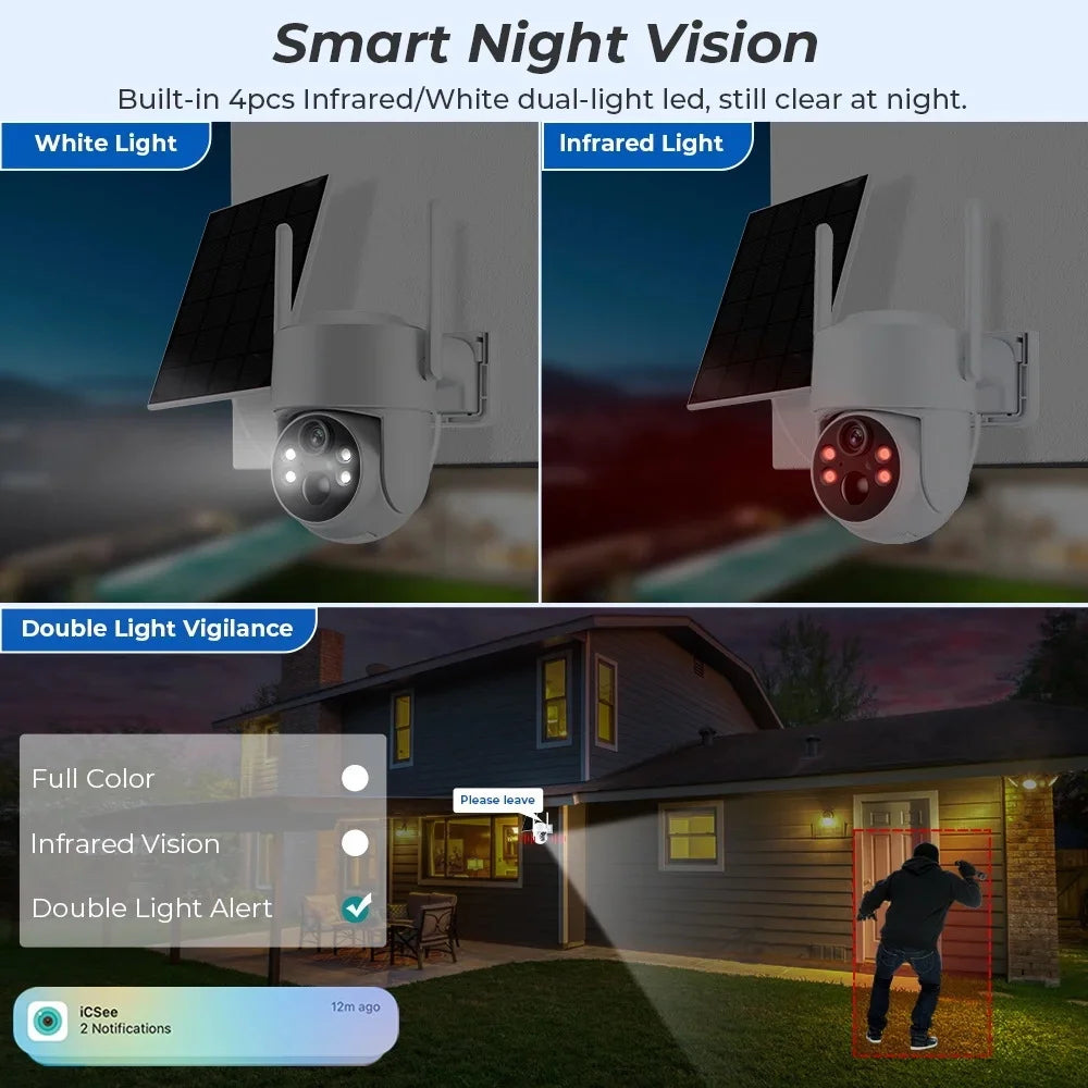 2K Solar Security Cameras Wireless Outdoor, Battery Powered PTZ 4MP WiFi Camera for Home Security with Flashlight Color Night Vision, Siren Alarm, PIR Motion Detection, 2-Way Talk, Cl-oud/SD Storage