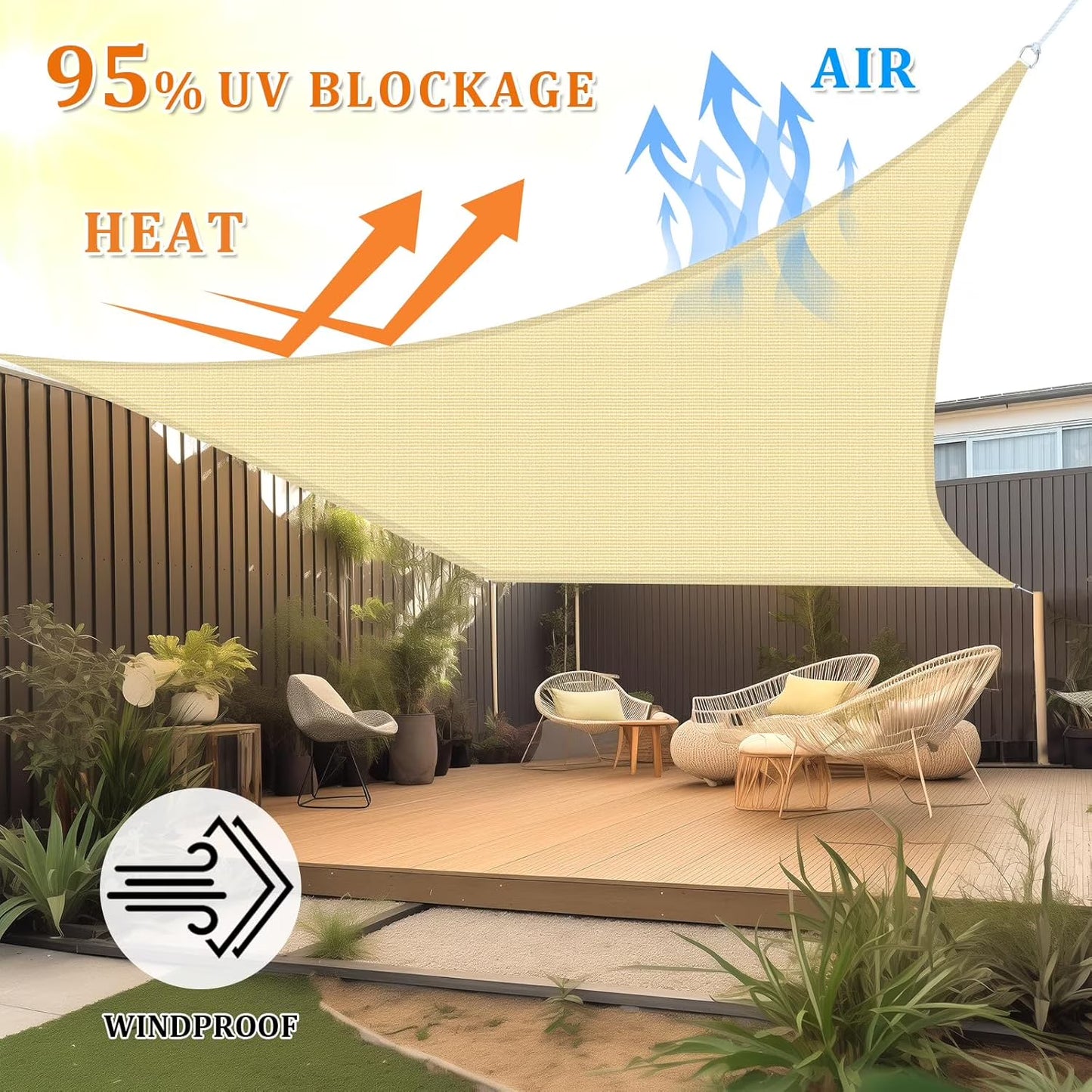 Sun Shade Sail Rectangle 13'x20' Curved Edge Outdoor Shade Canopy Breathable 95% UV Block Shade Cloth for Patio Garden Lawn Pool Backyard Outdoor, Beige Sand, with Free Rope