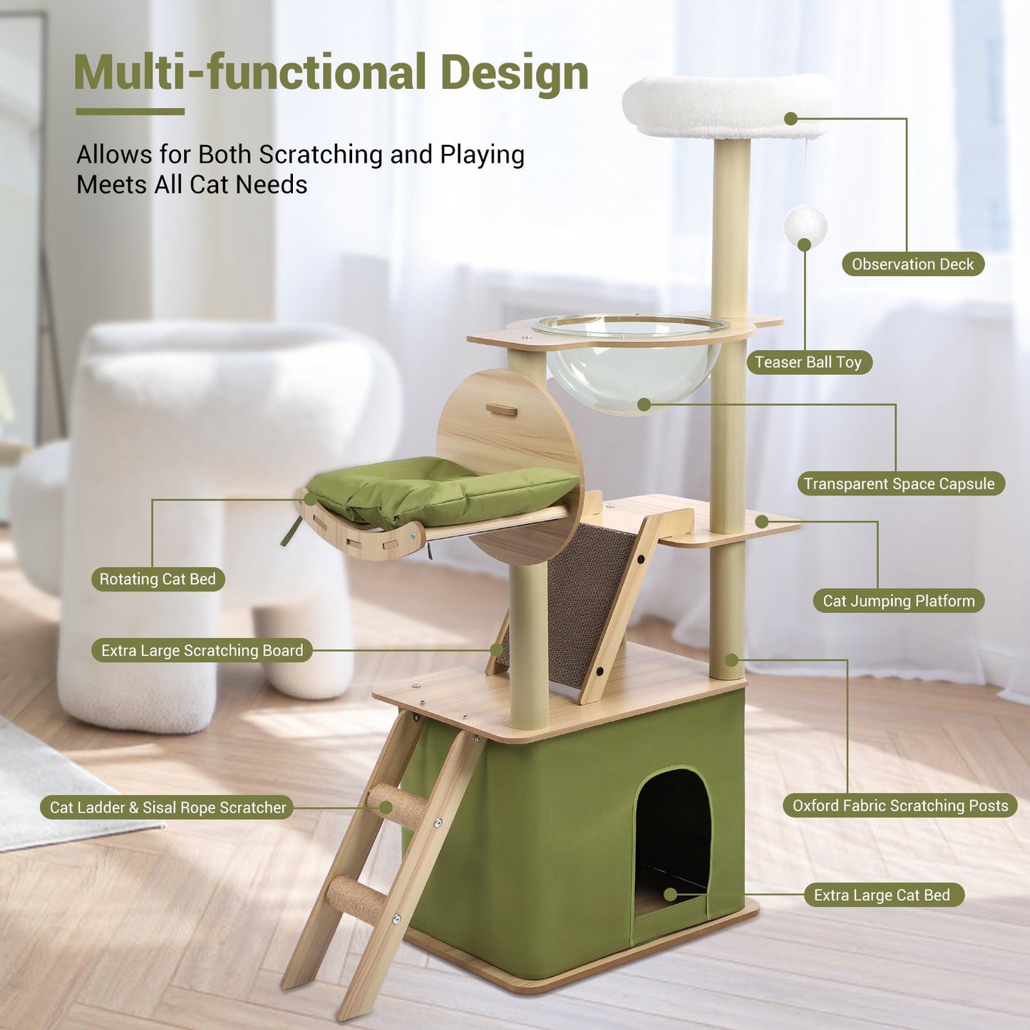 Cat Tree for Large Cats 55"Tall Cat Tower Condo with Scratching Post for Indoor Cats,Green