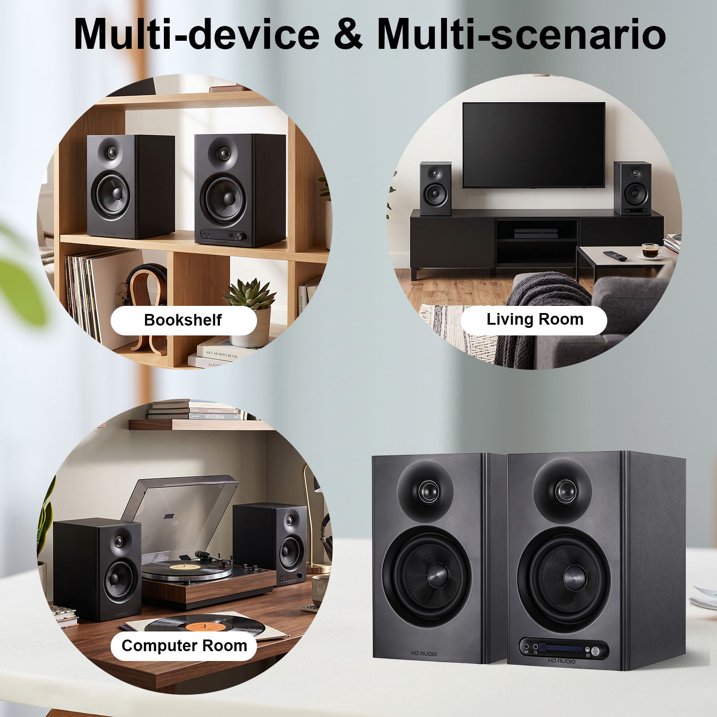80W Powered Bookshelf Speakers, Bluetooth 5.3 Active Computer Speakers with 1" Silk Dome Tweeters & 4" Woofers, ARC/AUX/Optical/USB, Adjustable Bass & Treble, Wood Finish for TV PC Gaming Turntable