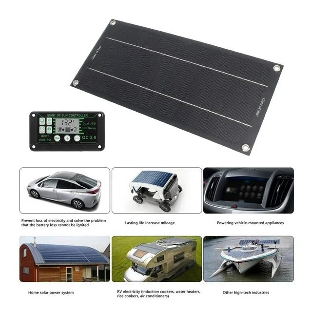 600W Solar Panel Kit, 12V 100A Solar Charge Controller Dual USB Outputs Portable Waterproof Solar Panel Set for Boat Camping Motorcycle Home Outdoor Lights RV Camera Generators, Black