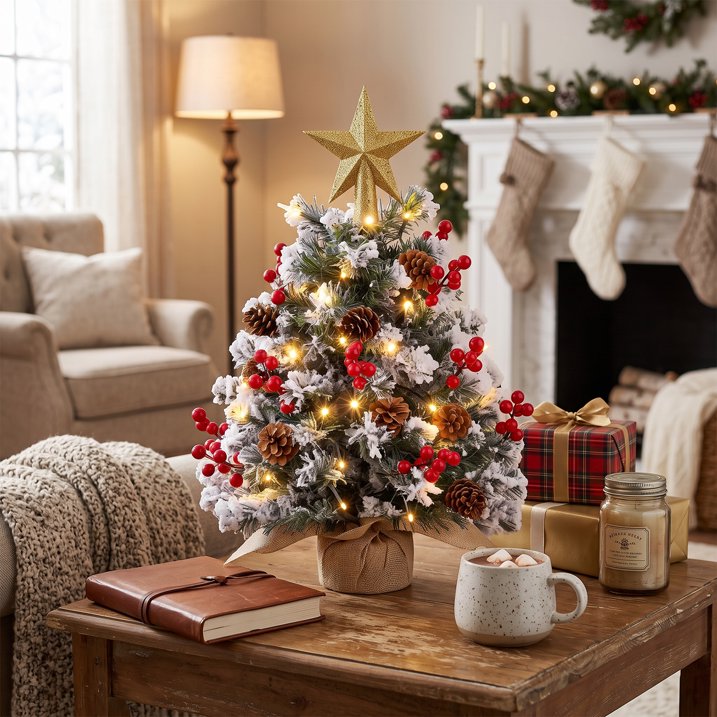 22 inch Tabletop Christmas Tree with Lights, Snowy Artificial Small Christmas Trees Battery Operated 30 Warm Lights Red Berries Pine Cone Stable Base Mini Tree Xmas Decorations Indoor Holiday