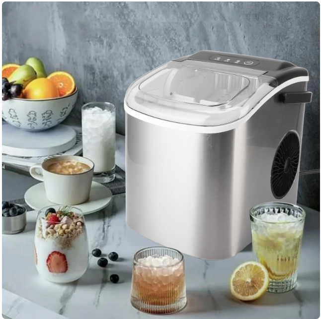 Fyydes Stainless Steel Countertop Ice Maker, 33Lbs In 24Hrs Ice 9 Cubes In 6 Mins, Auto-Cleaning with Ice Scoop and Basket