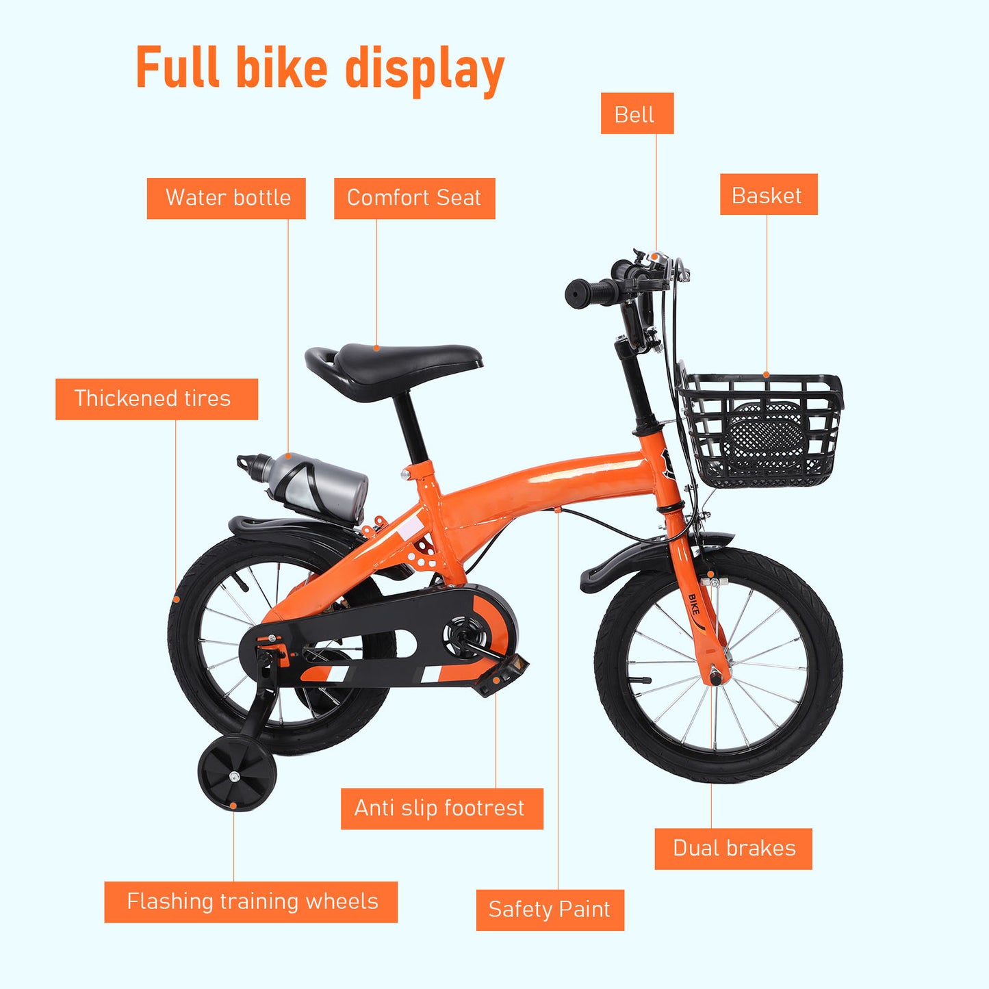 Kids Bike, Training Wheels Rubber Tires Carbon Steel Adjustable Seat Handlebar Boys Girls Bike For Indoor