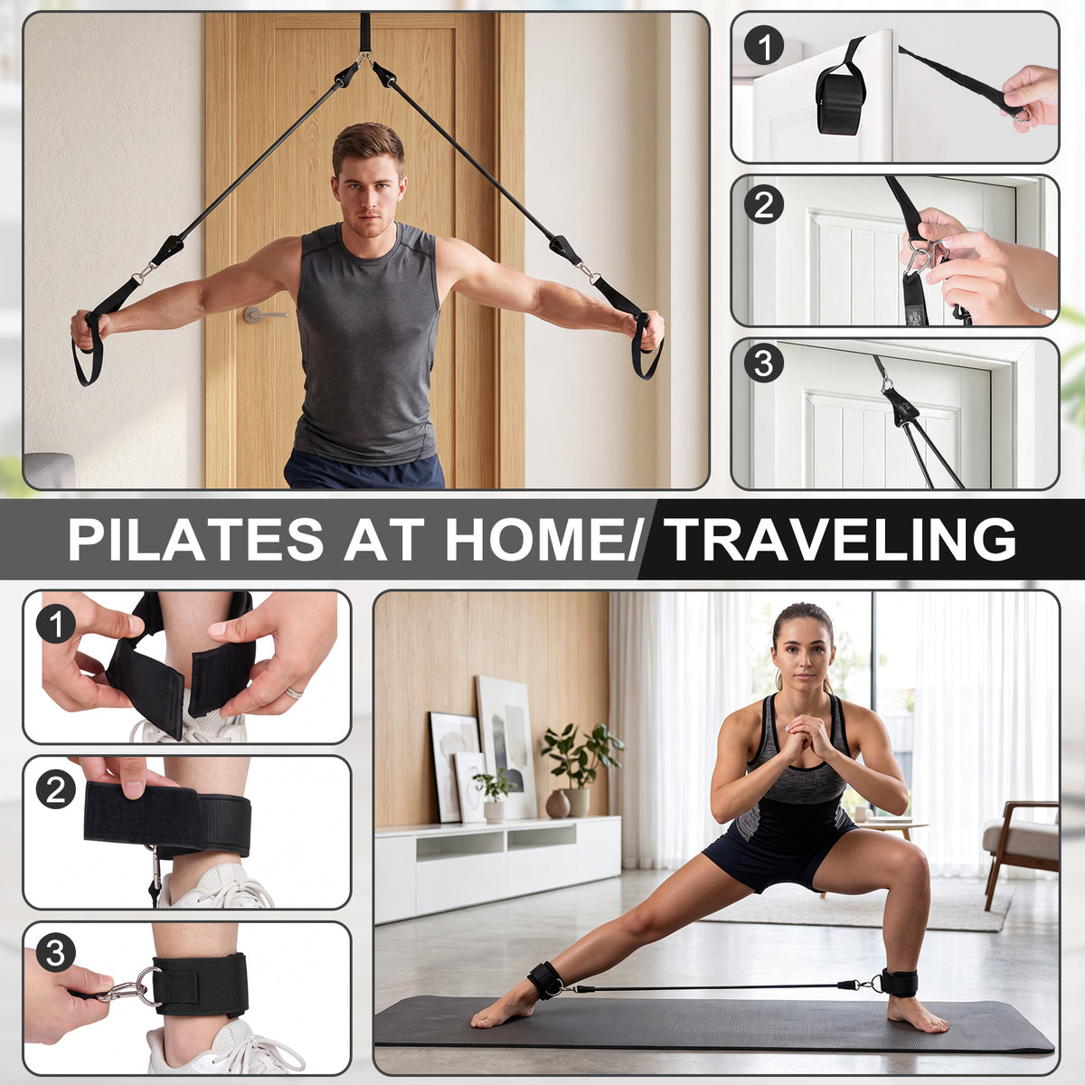 Pilates Bar Kit with 20 30 40 Lbs Resistance Bands,Workout Equipment for Legs,Hip,Waist and Arm,Exercise Fitness Equipment for Women & Men Home Gym Yoga Pilates,Black