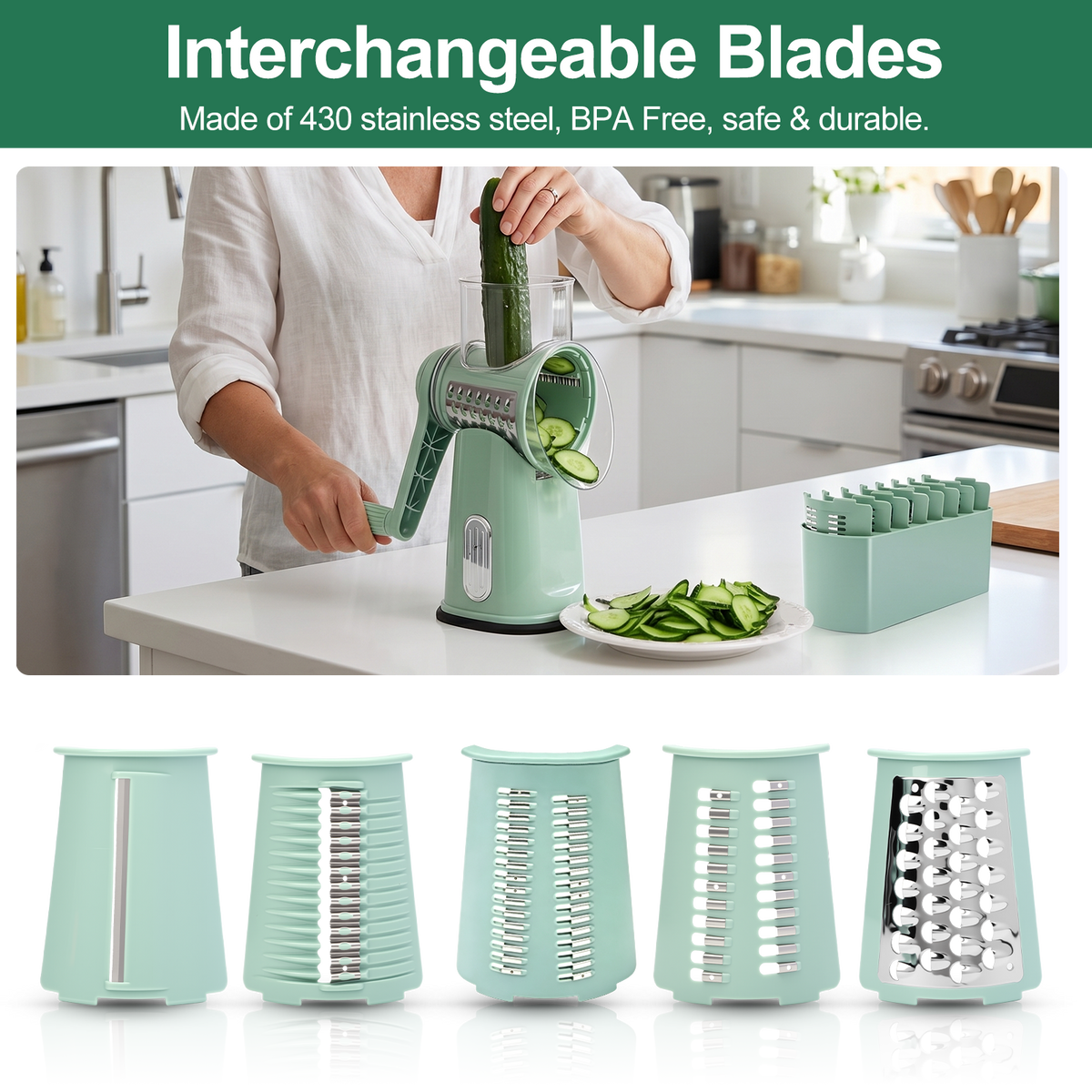 Handle Rotary Cheese Grater with Interchangeable 5 Blades, Suction Base, Mandoline Slicer & Veg Shredder with Blade Storage Box,Green