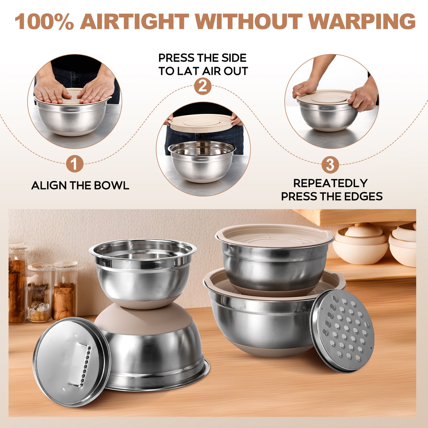 Mixing Bowls with Airtight Lids, 32Pcs Stainless Steel Nesting Non-Slip Bottoms Mixing Serving Bowls Set wtih 3 Grater & Tools Gadgets, 7/4/2.5/2.5/1.5/1QT Metal Salad Bowls for Mixing & Serving