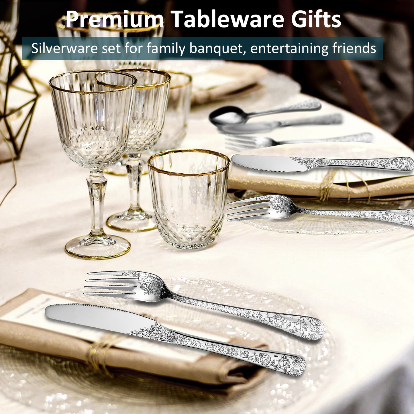 LHCER 20PCS Silverware Set Service for 4, Stainless Steel Titanium Silver Plating Flatware Set, Knives Forks Spoons Tea Forks Teaspoons Kits with Flower Pattern for Kitchen Restaurant Party Sliver