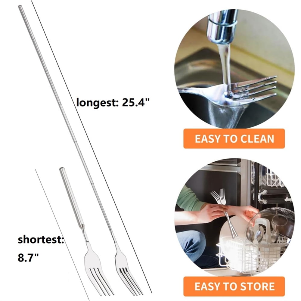 Eotvia Telescopic Fork, 1 Piece BBQ Telescopic Extendable Dinner Fruit Dessert Long Handle Fork Stainless Steel Cutlery