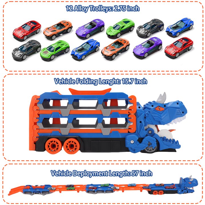 Dinosaur Race Track Toys for 3 4 5 6 Years Old Boys, Dinosaur Transporter Car Race Track with 12 Die-Cast Car Toys & 57inch Dual-Way Foldable Tracks, Truck Toys Set Gifts for Age 3-12 Kids Boys Girls