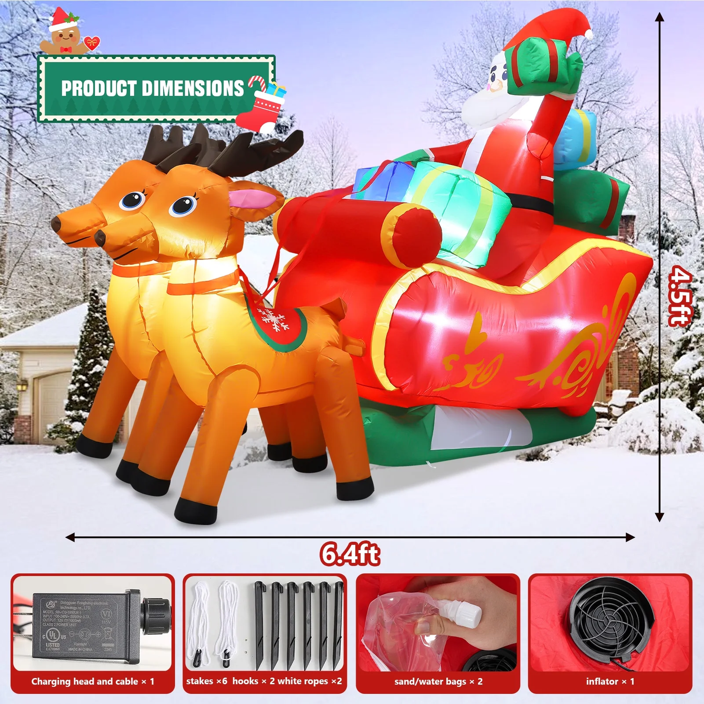 6FT Long Christmas Inflatable Santa Claus on Sleigh with Reindeer and Gift Boxes LED Lighted Blow up Outdoor Yard Decoration for Holiday Christmas Party Yard Garden