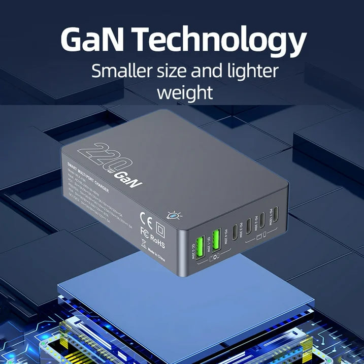 220W Fast USB C Charger, 6 Port QC4.0 Charging Station Hub GaN Charger Block, 65W USB C Laptop Charger Adapter, 100W PD Fast Desktop Charger, Compatible with iPhone, Samsung, Laptop, Gray