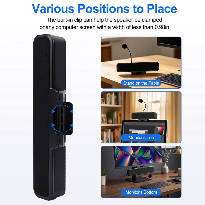 Computer Speakers with Microphone for Desktop PC, USB Monitor Speakers with Clip, Wired Laptop Sound Bar, Stereo & Bass, PC Speaker w/Mic for Meeting/Gaming/Online Learning, Easily Clamps to Monitor