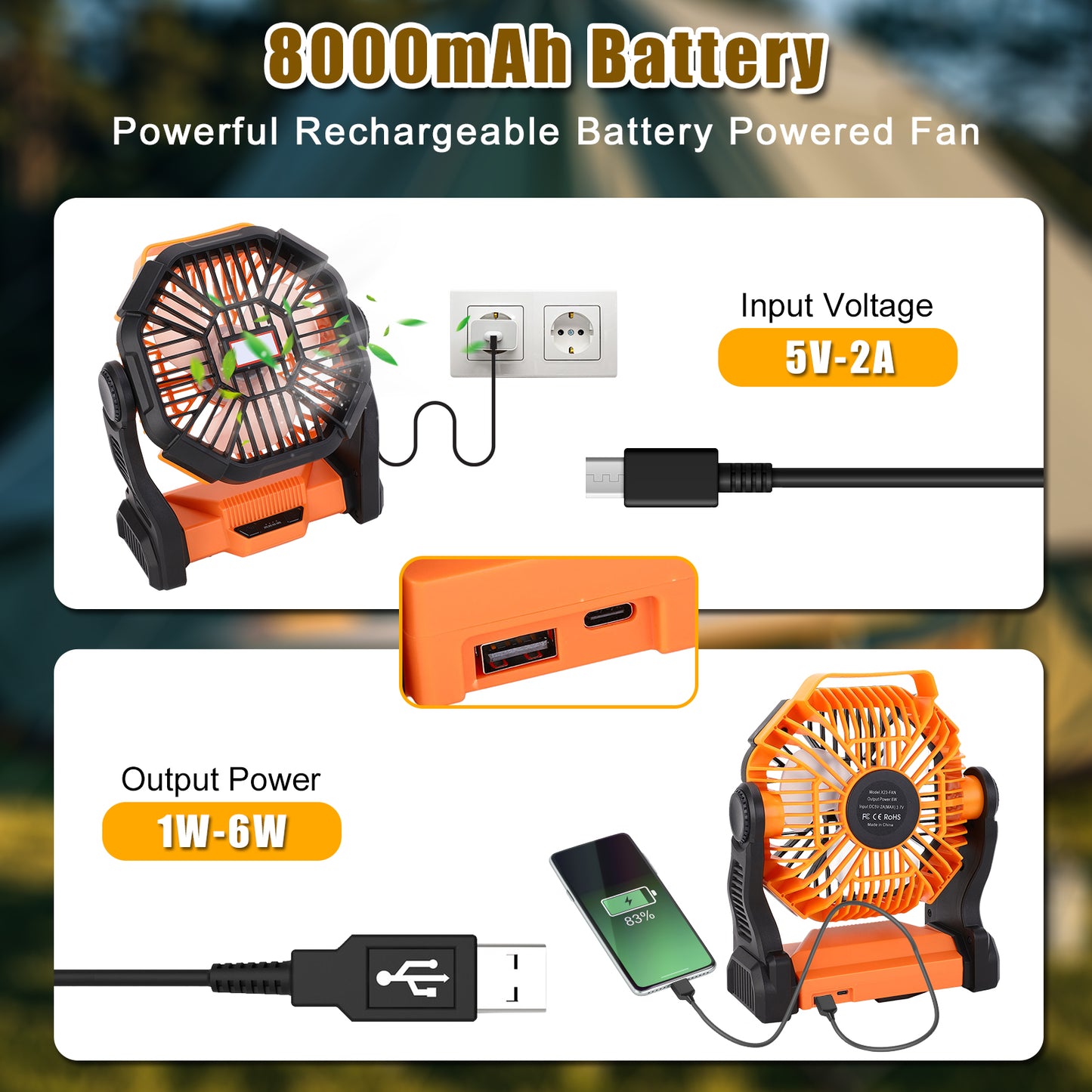 Camping Fans for Tent 8000mAh Portable Fan with LED Light & Hook USB Rechargeable Fan 4 Speeds for Outdoor Tent Travel Picnic Fishing Office Bedroom Desk Fan