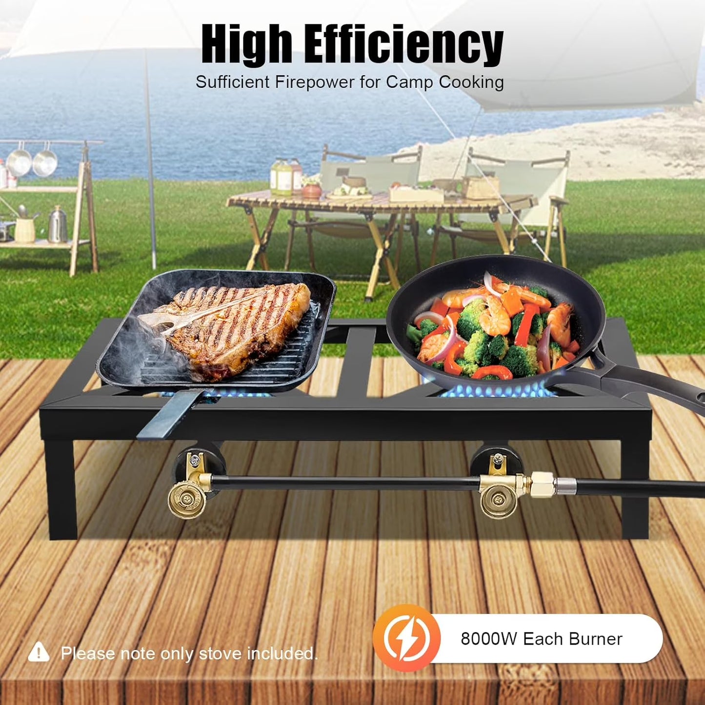 Portable 2 Burner Outdoor Gas Stove Cooker with Adjustable 0-10PSI Regulator Hose, BBQ Propane Burner Head for Patio Camping Tailgating Hiking Home Brewing Turkey Fry Maple Syrup Prep