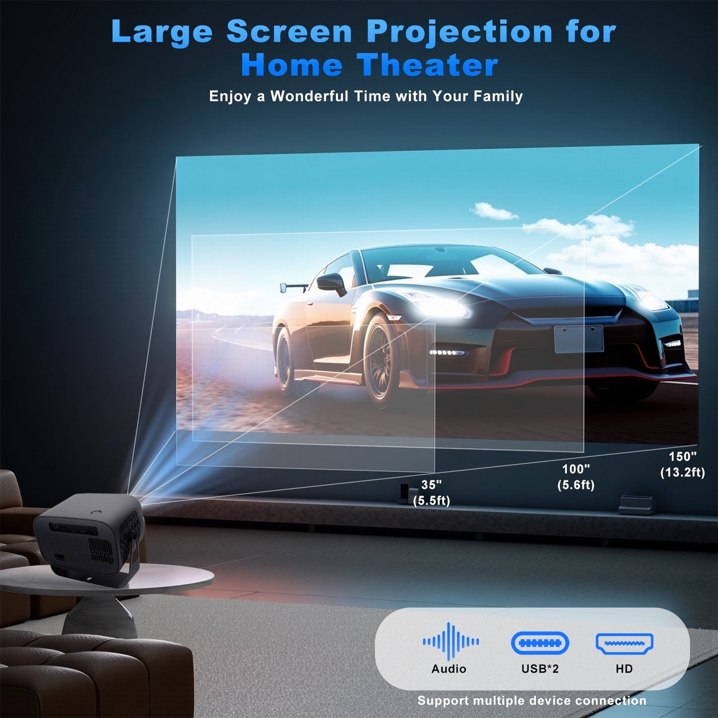 Mini Projector with WiFi and Bluetooth, 4K Support Portable Outdoor Movie Projector with Auto Keystone & 360°Adjustable Stand, 150'' Screen 1080P Proyector Compatible with TV Stick/iOS/Android/Laptop
