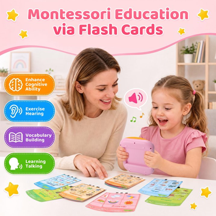 Talking Flash Cards for Toddlers Ages 1‑4, 478 Words English, Montessori Language Learning Toys with 36 Themes, Children's Sensory Toys, Pocket Speech Study Device, Birthday Gift for Boys Girls