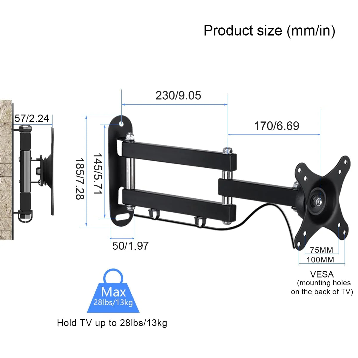 Full Motion TV Wall Mount, Universal Single Stud Corner Bracket for 13-32 inch TVs, Monitor Wall Mount for LCD Monitor Swivel Tilt Extension Rotation Articulating, VESA 100x100mm/75x75mm, up to 33LBS